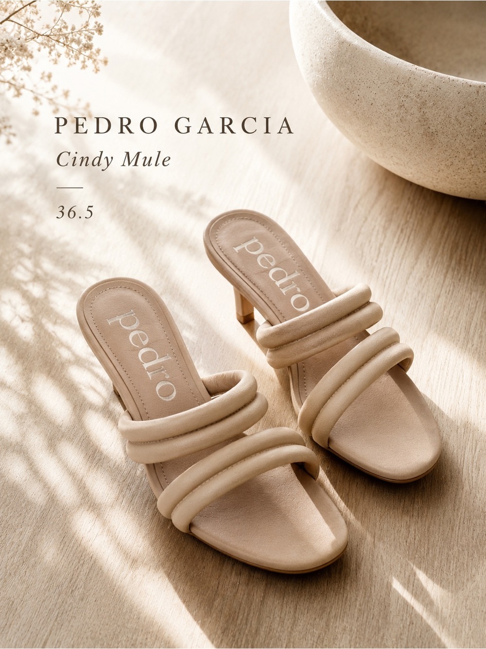 Pedro Garcia Cindy Leather Triple Strap Mule Sandals Beige Kitten Heel Size 36.5